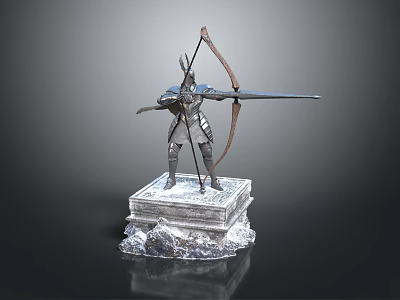 Armored Archer Figure Holding Bow Standing On Stone Base With Rock Decor 3d model