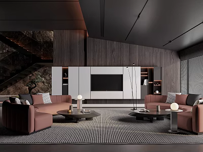 Modern Luxury Living Room With Pink Sofas And Coffee Tables 3d model