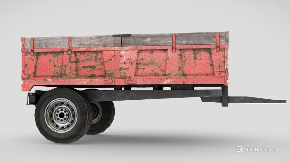 Red Weathered Trailer With Rusty Metal Bed And Two Black Wheels 3d model