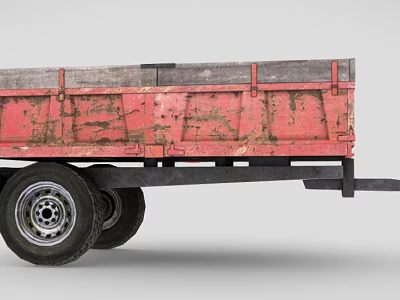 Red Weathered Trailer With Rusty Metal Bed And Two Black Wheels 3d model