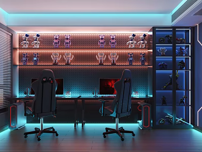 Modern Gaming Room With Two Computer Setups Ergonomic Chairs Displayed Figurines And Neon Lights 3d model