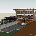 Serene Garden Landscape with Lavender Plants Wooden Walkway Pergola and People Enjoying the View