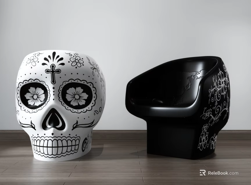Unique White And Black Leisure Chairs With Skull Design And Floral Patterns 3d model 