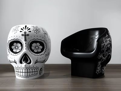 Unique White And Black Leisure Chairs With Skull Design And Floral Patterns 3d model
