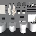 Modern Bathroom With Four White Toilets Towel Racks Mirrors And Toiletries