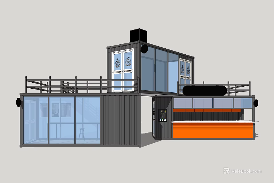 Modern Multi Level Container Building With Glass Windows Balcony And Orange Accents 3d model