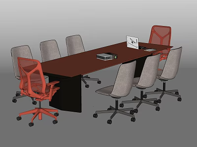 Brown Conference Table With Red And Gray Mesh Chairs Laptop And Box 3d model