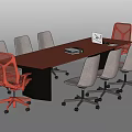Brown Conference Table With Red And Gray Mesh Chairs Laptop And Box