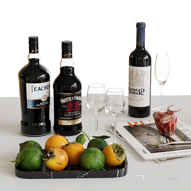 Wine and Whiskey Bottles with Glasses Fresh Lime Persimmon and Magazine on Table 3d model 