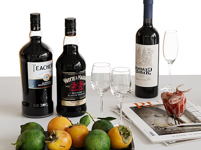 Wine and Whiskey Bottles with Glasses Fresh Lime Persimmon and Magazine on Table 3d model
