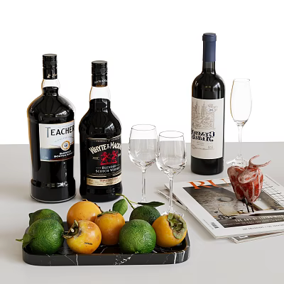 Wine and Whiskey Bottles with Glasses Fresh Lime Persimmon and Magazine on Table 3d model