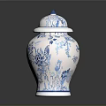 Carved Blue and White Ceramic Jar Sculpture With Floral Bird Designs And Lid