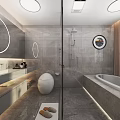 Modern Bathroom Interior With Tile Walls Bathtub Toilet And Lighting