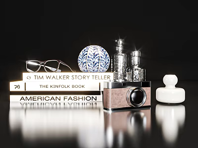 Stylish Decorative Ornament Set With Books Eyeglasses Spherical Ornament Small Bottles Camera And Seal 3d model