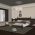 Classic Bedroom Interior With Wooden Bed Chandelier Checkered Rug And Wall Decor