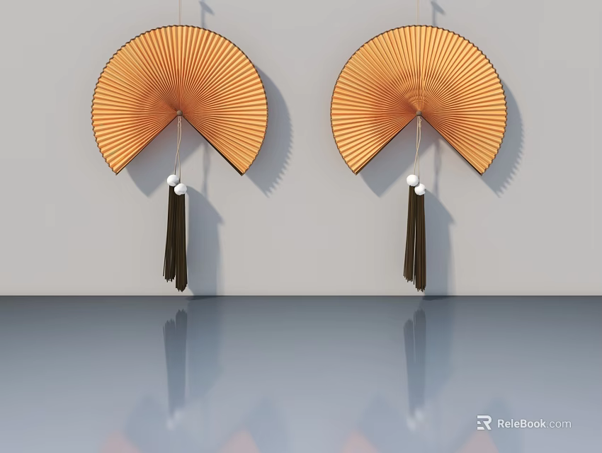 Orange Fan Shaped Hinged Door With Black Tassels Against Gray Wall And Floor Reflection 3d model 