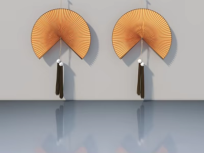 Orange Fan Shaped Hinged Door With Black Tassels Against Gray Wall And Floor Reflection 3d model