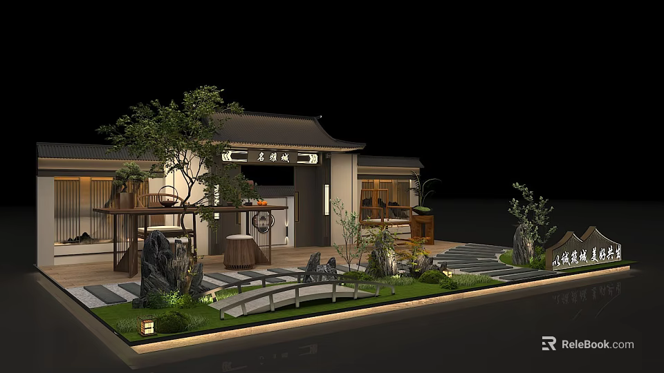 Traditional Chinese Courtyard Design With Rockery Small Bridge And Green Plants 3d model 