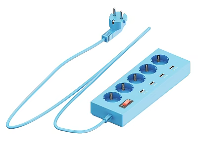 Functional Blue Switch Panel with Multiple Outlets and Long Power Cord 3d model