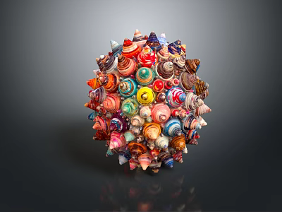 Colorful Handcrafted Seashell Assembled Spherical Sculpture Artwork With Diverse Shell Shapes 3d model