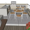 Patio Garden Featuring Round Wooden Table Four Chairs Red Shrubs Purple Flowers Gray Stone Tiles