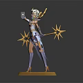 Elegant Female Game Movie Character With Ornate Gold Purple Outfit And Staff On Decorative Pedestal