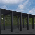 Modern Pergola with Metal Frame and Vertical Pillars Surrounded by Green Trees and Open Landscape