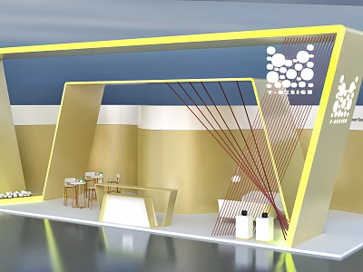 Modern Geometric Exhibition Booth Design With Gold Blue Accents Tables Chairs And Brand Logo 3d model