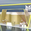 Modern Geometric Exhibition Booth Design With Gold Blue Accents Tables Chairs And Brand Logo