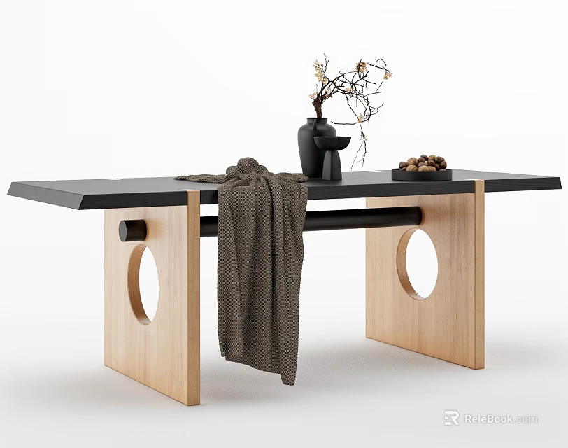 Minimalist Dining Table With Black Tabletop Wooden Legs Vase And Decorative Items 3d model 