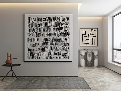 Modern Interior Featuring Large Abstract Wall Art Small Decorative Painting And Vase 3d model
