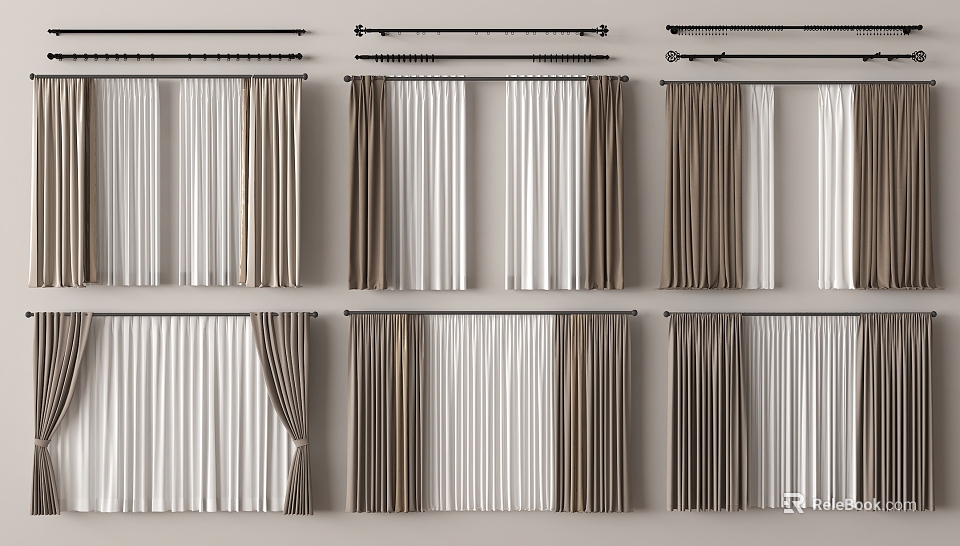 Various Curtain Styles In White And Brown Tones With Different Draping Designs For Home Interior Decor 3d model 