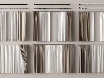 Various Curtain Styles In White And Brown Tones With Different Draping Designs For Home Interior Decor 3d model