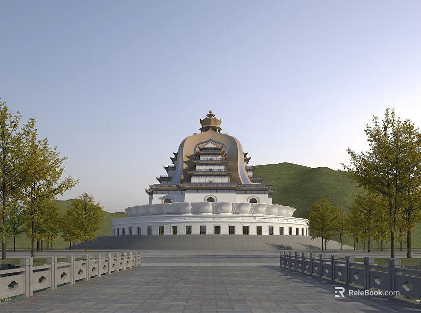 Ancient Temple Architecture With Multi Tiered Roof Golden Spire And Mountain Background 3d model 