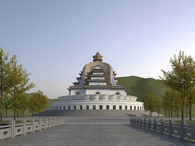 Ancient Temple Architecture With Multi Tiered Roof Golden Spire And Mountain Background 3d model