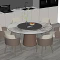 Elegant Round Marble Dining Table Set With Six Beige Chairs In Modern Kitchen Space 3d model
