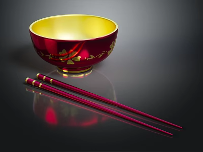 Red Bowl With Yellow Interior And Gold Flower Designs Plus Red Chopsticks With Gold Accents 3d model