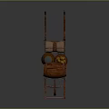 Traditional Wooden Cart With Brown Barrel And Cloth Bundles On Dark Surface
