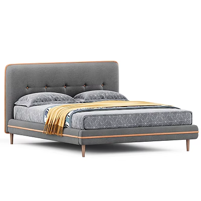 Modern Double Bed With Upholstered Headboard Button Tufting Gray Frame Wooden Legs Yellow Throw Blanket 3d model