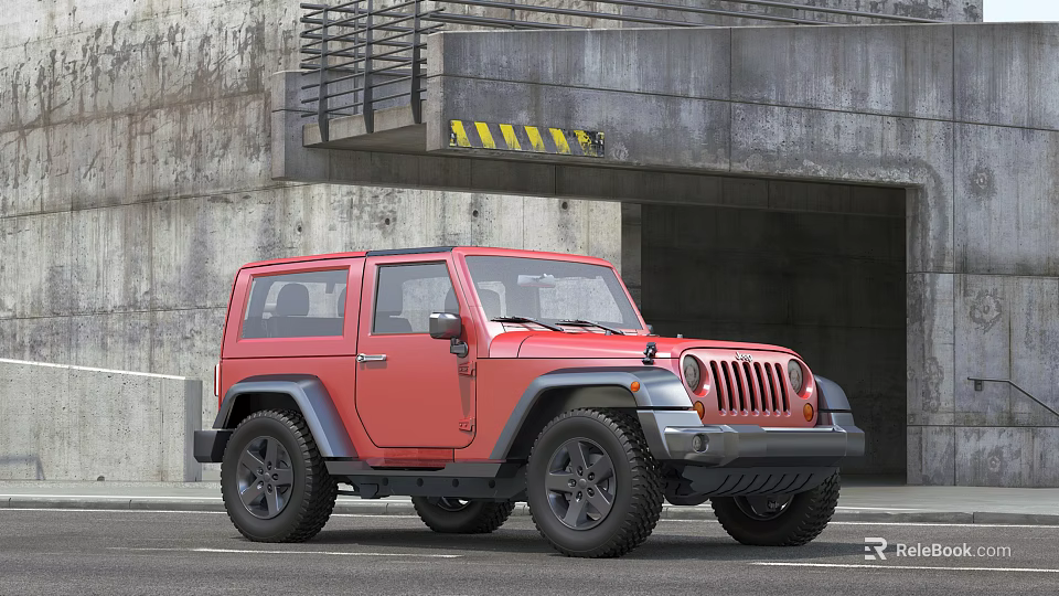 Red Two Door Jeep Parked Near Concrete Tunnel With Yellow Black Stripes 3d model 