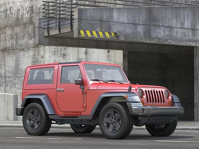 Red Two Door Jeep Parked Near Concrete Tunnel With Yellow Black Stripes 3d model