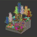 Cartoon Forest Scene with Yellow Trees Small Wooden House and Wooden Walkways on Rocky Platform