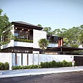 Modern Detached Villa Exterior With Palm Trees White Black Facade Red Car And Landscaped Fence