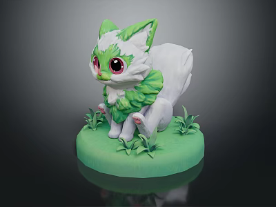 Cute Green And White Cat Like Creature With Large Red Eyes On Green Grass Base 3d model