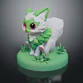 Cute Green And White Cat Like Creature With Large Red Eyes On Green Grass Base