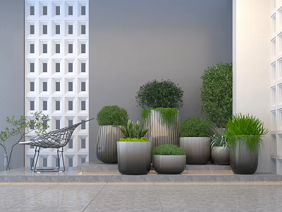 Minimalist Modern Outdoor Potted Plants Display With Different Sizes Pots And Green Foliage On Staircase 3d model