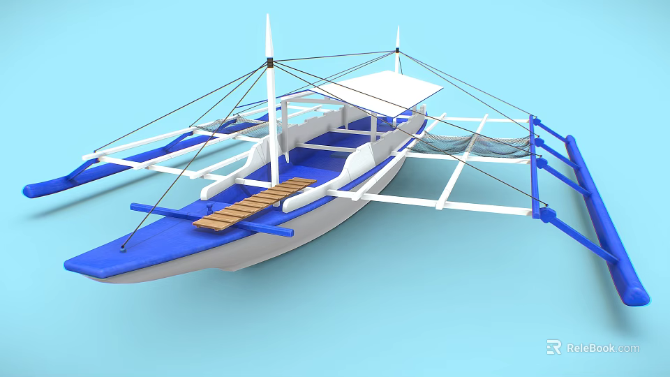 Seagull Perched On Blue And White Boat With Wooden Deck And Netting 3d model 