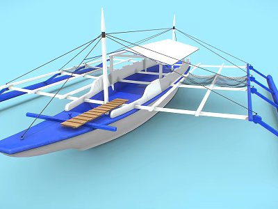 Seagull Perched On Blue And White Boat With Wooden Deck And Netting 3d model