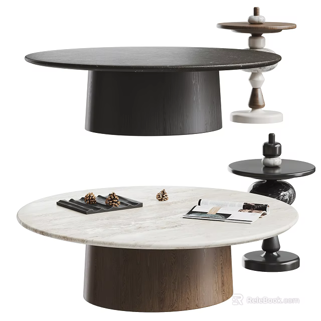Modern Round Coffee Table Featuring Marble Top And Wooden Tiered Base Design 3d model