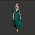 Woman In Green Deep V Neck Dress With Updo Hairstyle Walking On Gray Background